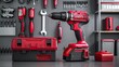 © lililia - A red cordless drill rests on a table in a workshop setting, alongside a matching red tool box and a spare battery. Tools and equipment are visible on the walls and shelves in the background