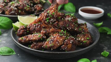 Wall Mural - Taking spicy korean chicken wings with sesame seeds and chives