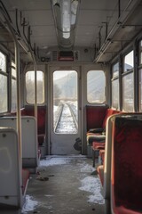 A serene and peaceful atmosphere fills the empty train compartment, with a stunning scenic view unfolding through the window. The perfect setting to relax and unwind.