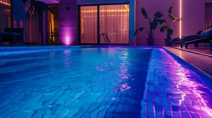 A private, luxurious, modern swimming pool at night illuminated with bright neon lights in blue and purple, with clear water for swimming, a home resort for relaxation and leisure, concept of summer.