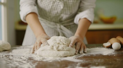 A young woman or baker, wearing an apron kneads dough made from white flour on a kitchen table, preparing homemade fresh bread or pastries according to a recipe, the hands of a female, or a housewife.