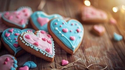 Poster - Heart-shaped cookies decorated with colorful icing on a wooden table