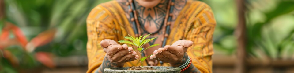 tattooed woman is holding a small plant in a pot, symbolizing the importance of environmental protec