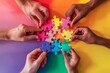 © Elmira - Several hands from different people hold colorful puzzle pieces on a vibrant rainbow background
