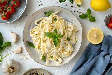 Wall Mural - Fettuccine alfredo pasta with basil and lemon. The plate is on a white surface with other ingredients like cherry tomatoes, garlic, and a blue napkin. Top view of pasta on white table.