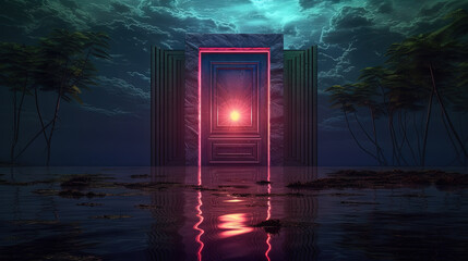 Sticker - Mysterious door or portal with neon light in the jungle in synthwave style.