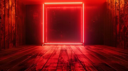 Red neon light product background stage on wooden floor with warm glow spotlight, in rustic style