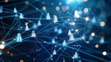 Fototapete - Social media network concept with user icons linked by glowing lines on a dark blue background