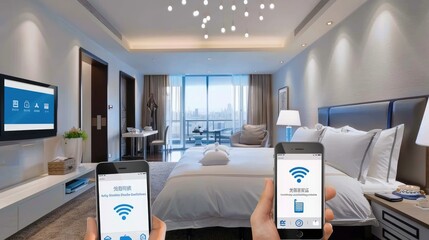 A hotel guest is using a smartphone to control smart devices in their room. Bedroom has a comfy bed, flat screen TV, city view, and a bedside table with a lamp