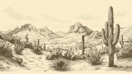 vintage-style illustration of a desert landscape with various cacti. the drawing features detailed s
