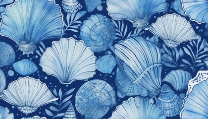 Sticker - Seamless blue watercolor seashell pattern for textile design