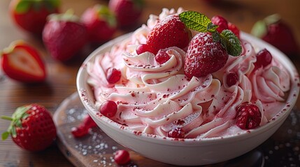 Wall Mural - A bowl of pink frosting with strawberries and raspberries on top