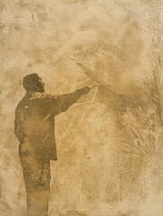 Vintage style sepia silhouette of a man painting on a textured wall, capturing a historic and artistic moment.