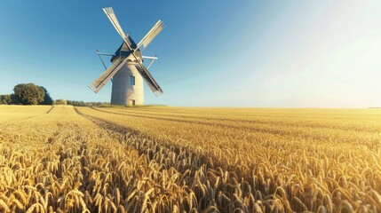 A historic windmill standing tall in a vast field of golden wheat, its wooden blades slowly turning in the breeze under a clear blue sky.