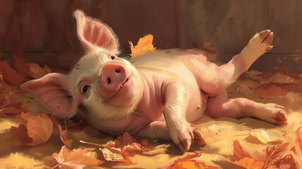 Poster -   Small pig lying on yellow-orange leaf pile