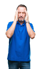 Poster - Middle age hoary senior man over isolated background with hand on head for pain in head because stress. Suffering migraine.