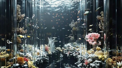 Sticker -   An expansive aquarium showcases a vibrant array of coral varieties and marine life within its transparent barriers