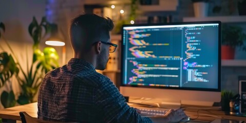 programmer focused on coding on a computer screen, surrounded by code, representing software develop