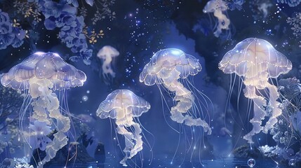 Poster -   A cluster of jellyfish gliding atop a tranquil water surface beneath a celestial canvas adorned with stars and clouds