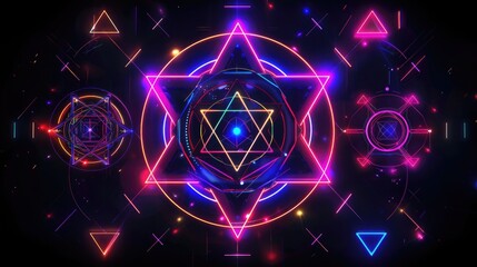 Wall Mural - a kaleidoscope of geometric shapes including triangles, circles, and pentagons in neon colors agains