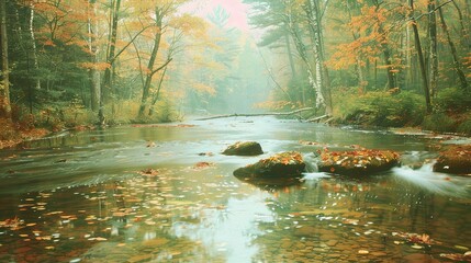 Sticker -   A forest stream, brimming with vibrant foliage, as leaves cascade into the tranquil water below