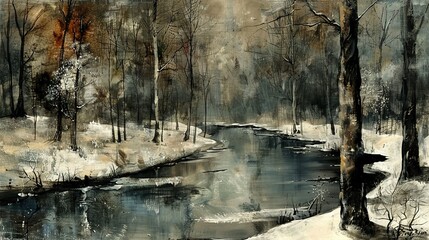 Sticker -   Winter painting of a creek, snow, and trees