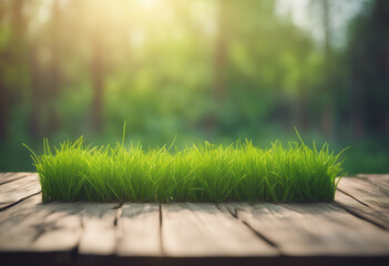 Beautiful spring natural background with green fresh juicy young grass and empty wooden table in nat