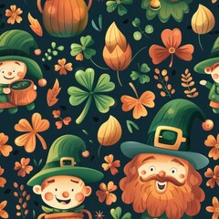 Wall Mural - A whimsical St. Patrick's Day pattern with cartoon leprechauns, shamrocks, and pots of gold. The seamless design is filled with vibrant colors and playful elements, perfect for St. Patrick's Day