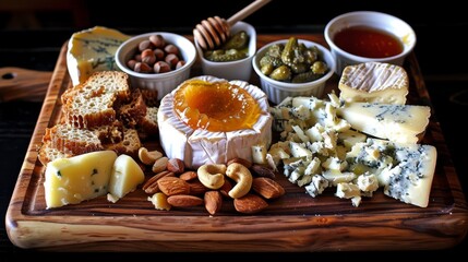 Gourmet Cheese Board Spread with Nuts, Honey, and Bread