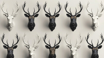 Poster - A grid pattern of deer heads, alternating between black and white, against a neutral background, creating a striking and symmetrical design