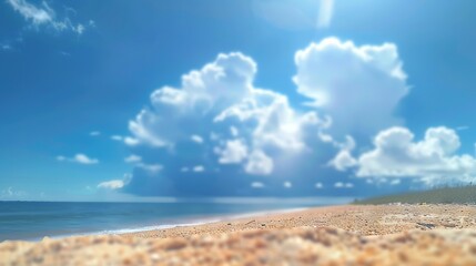 Sticker -   A picturesque scene of a sandy beach under a blue sky with cloudy backdrop and a surfboard in the foreground