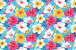 © BetterPhoto - Seamless pattern with vibrant hibiscus flowers in red, yellow, and white on a light blue background. Ideal for summer and tropical-themed designs.