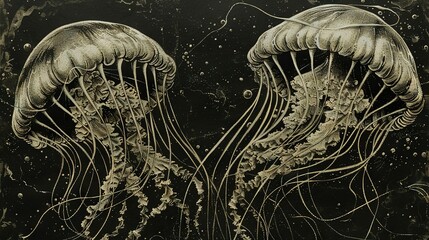 Wall Mural -  Two jellyfish swimming in black and white water with numerous bubbles on their heads