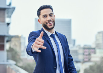 Canvas Print - Happy, portrait and businessman with thumbs up in a city for support, thank you and success sign outdoor. Winner, vote or face of entrepreneur in Mexico with emoji hands for feedback, opinion or yes