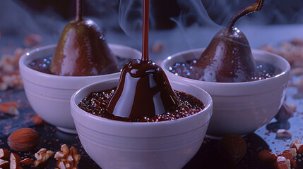 Wall Mural -   A few bowls of liquid sit atop a table, accompanied by two pears resting on top