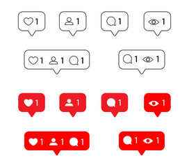 Wall Mural - heart like icon set, new message bubble, friend request quantity number notifications icons template