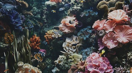 Wall Mural -   Underwater scene of diverse corals, seaweed, and marine life in vibrant colors and varying sizes