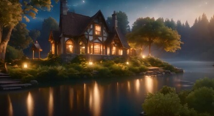 Wall Mural - Enchanting fantasy house nestled by a tranquil river in the depths of a mystical forest under the starlit night sky FairSeamless looping time lapse virtual video animation background 4k animation