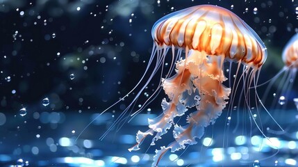 Canvas Print -   A macro shot of a jellyfish gliding through an aquatic expanse with raindrops adorning its skin