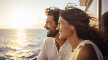 Couple smiling on cruise ship deck with ocean view in background