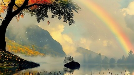 Wall Mural -  Rainbow Lake with Sky Rainbow & Foreground Tree