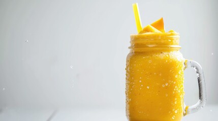 Wall Mural - A glass of orange juice with a straw in it. The glass is half full and the straw is sticking out of the top