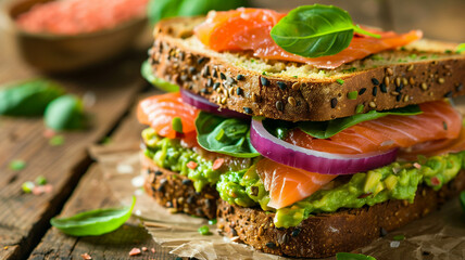 Wall Mural - A close-up shot of a beautifully arranged salmon avocado guacamole sandwich with red onion and basil on a rustic wooden table