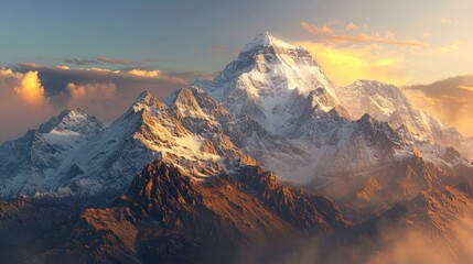 Wall Mural - A majestic mountain range with snow-capped peaks, bathed in the golden light of the setting sun.
