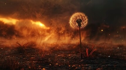 Poster -   Dandelion in field against cloudy sky and starry backdrop