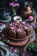 Wall Mural - A slice of chocolate cake with pink flowers on top is displayed on a wooden platter. The cake is cut into eight pieces and is surrounded by a variety of items, including a teapot, cups, and vases