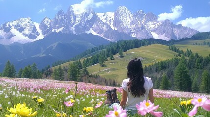 Wall Mural -   A woman sits in a field surrounded by snow-capped peaks