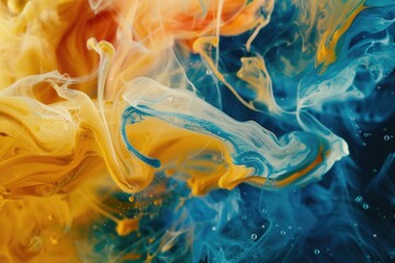 Wall Mural - The image is a colorful abstract painting with yellow and blue swirls. The colors are vibrant and the brushstrokes are bold, creating a dynamic and energetic composition