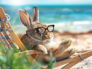Wall Mural - A rabbit wearing glasses is sitting on a beach chair