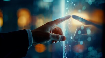 Wall Mural - Businessman's hand touching a floating virtual screen,blurred background with copy space on the sides,depicting a futuristic corporate or business concept. - Businessman's hand touching a floating vir